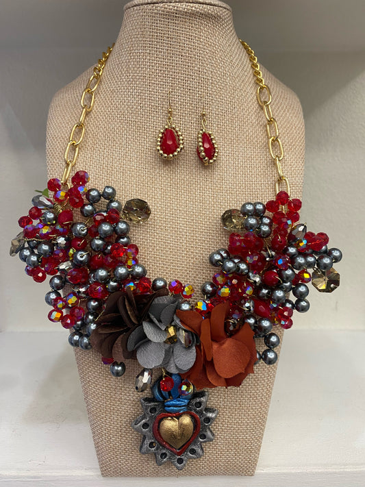 Artisan Bib Crystals Necklace Set w/ Complementary Earrings (18” long + 2”extender)