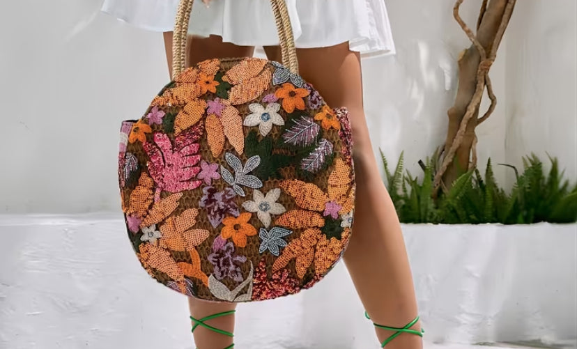 Beautiful Floral Embroidered round beaded Hand bag