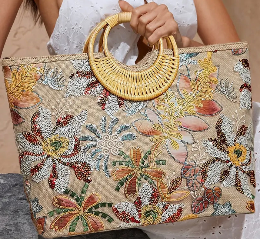 Beautiful Floral Embroidered squared beaded Hand bag