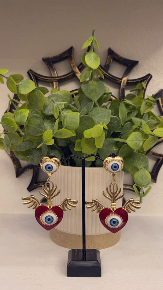 Fashion Red Heart ♥️ Earrings with Turkish blue evil eye 🧿