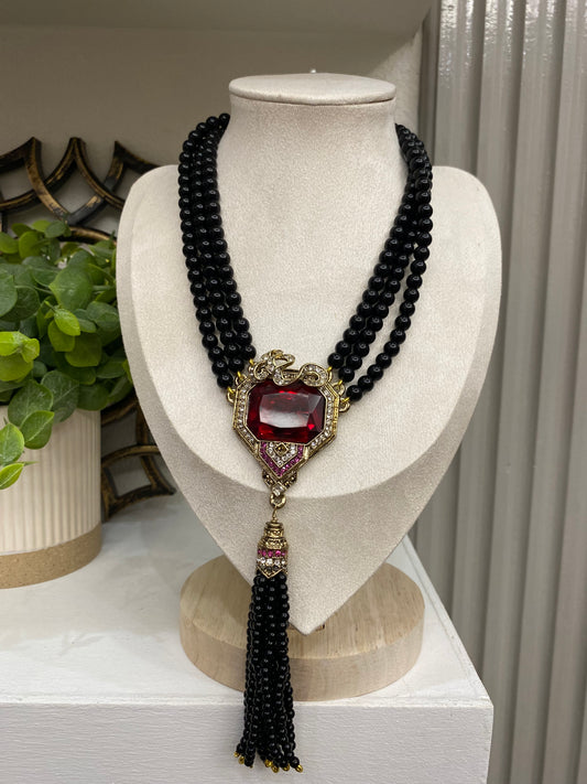 Vintage Ruby Stone and Black Tassel Necklace (16” long + 2” extender)