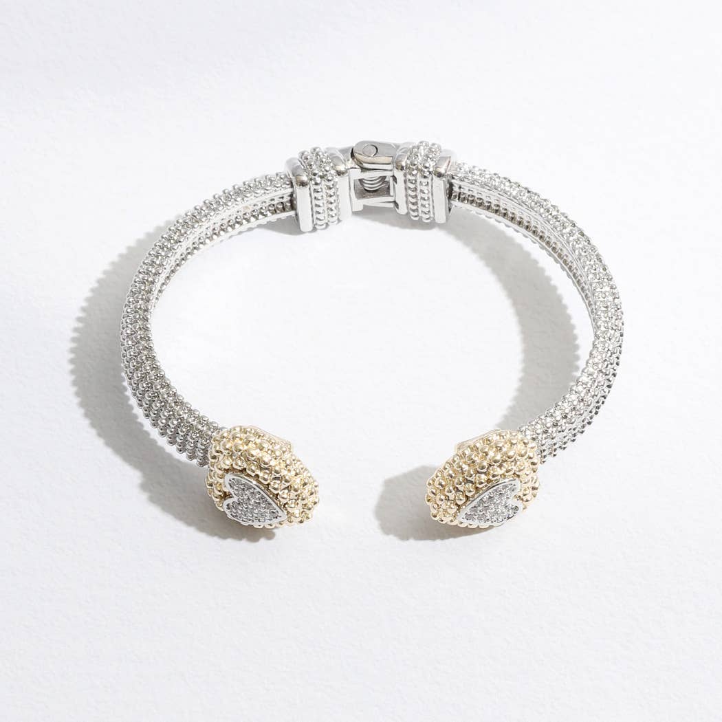 Stylish Textured Cuff/Bangle Two Tone Pave Heart Edge Bracelet