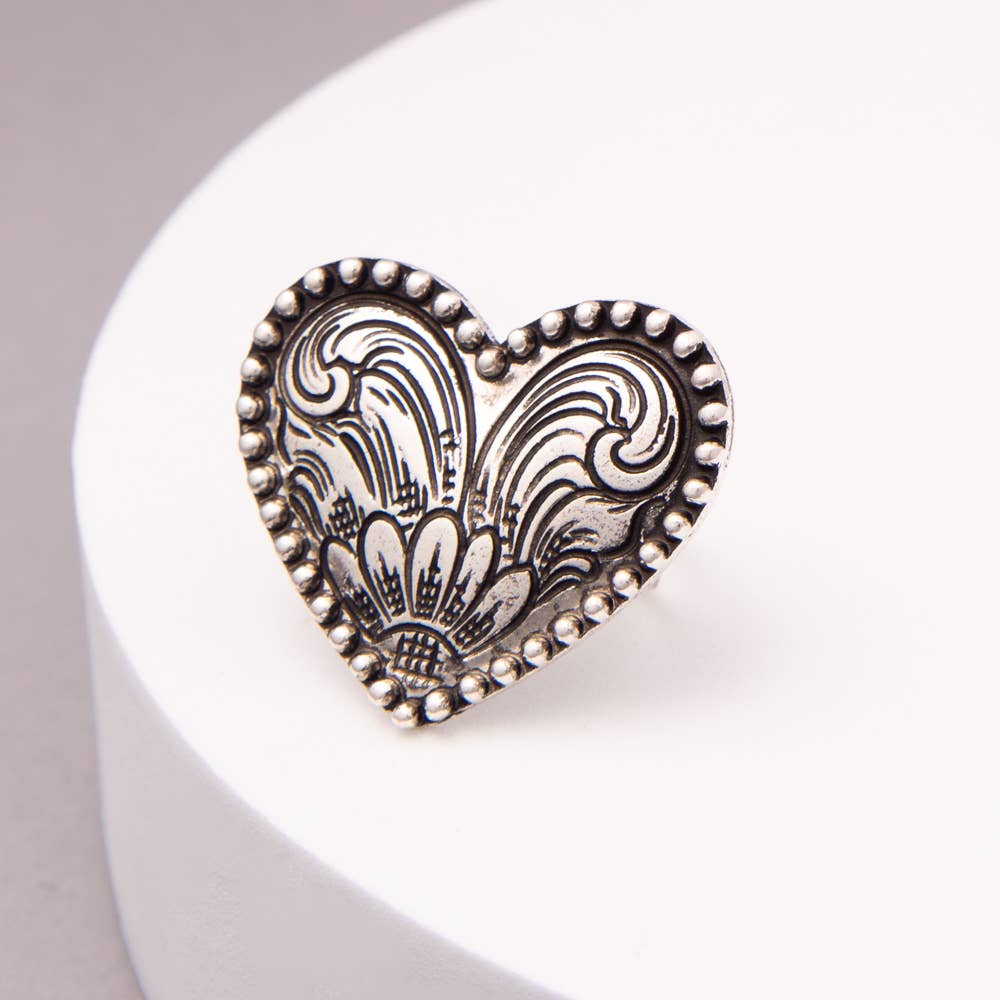 Western Theme Etched Heart Cuff Ring