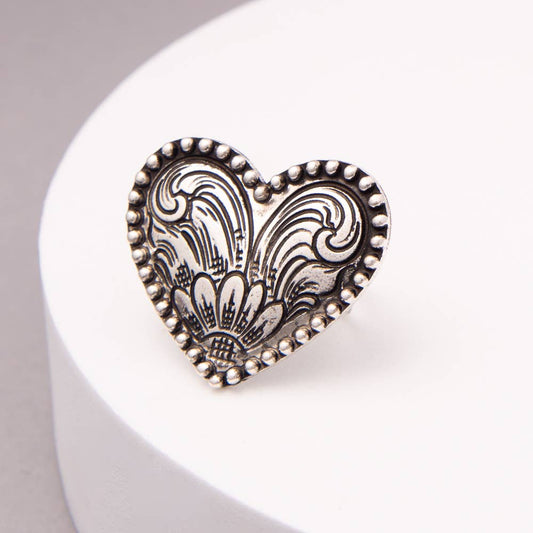 Western Theme Etched Heart Cuff Ring