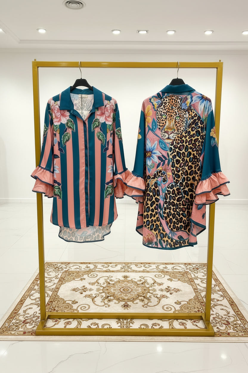 Cheetah blouse with Stripes Pink and Turquoise