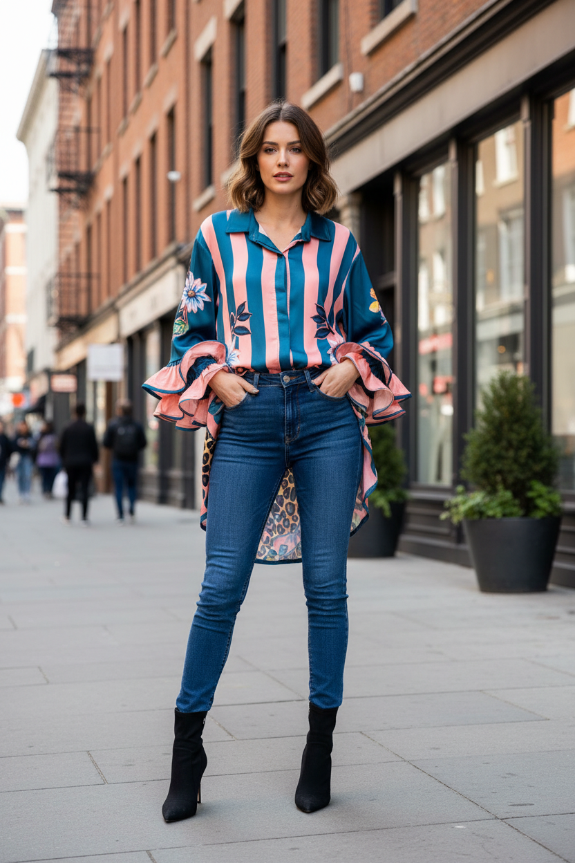 Cheetah blouse with Stripes Pink and Turquoise