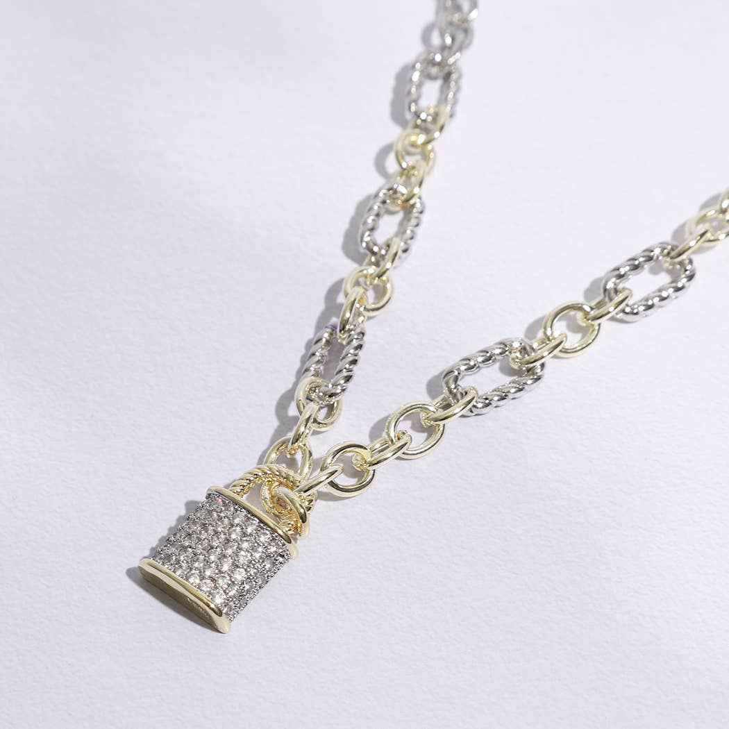 Linked Solid and Twisted Chain Necklace with Lock pendant