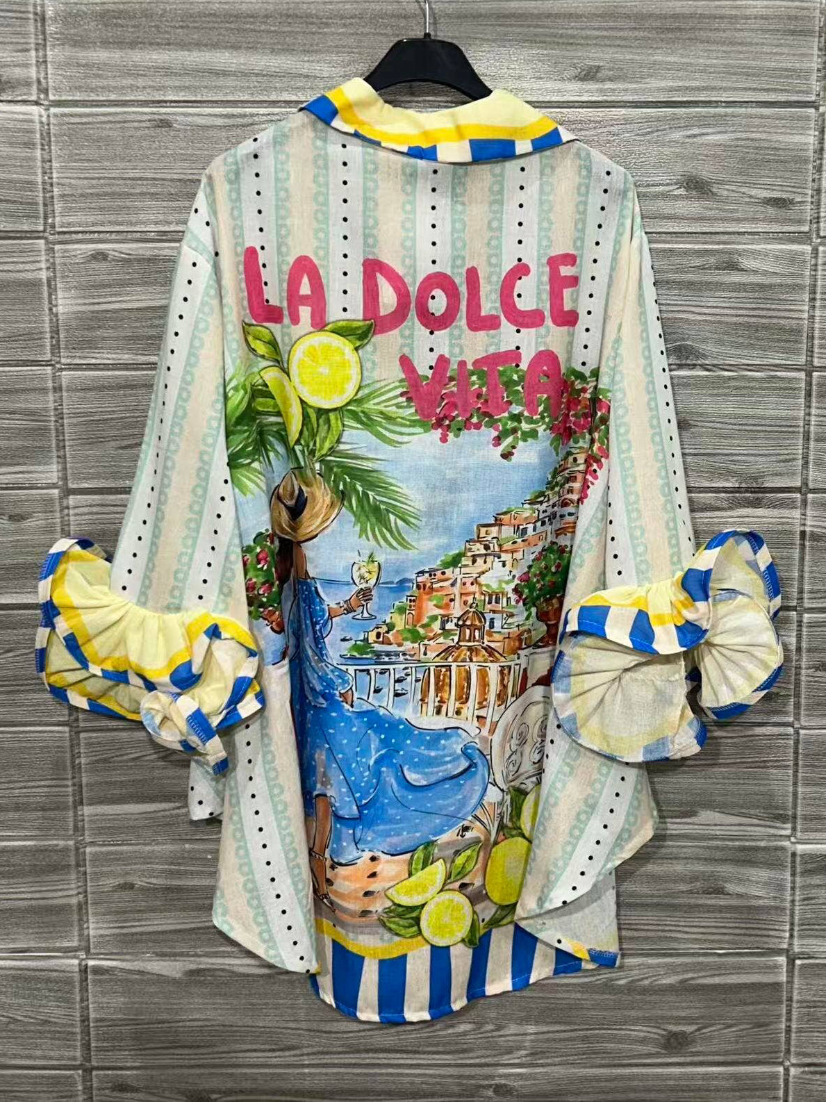 “Palms and Lemons” Ruffle Sleeves Italian Blouse
