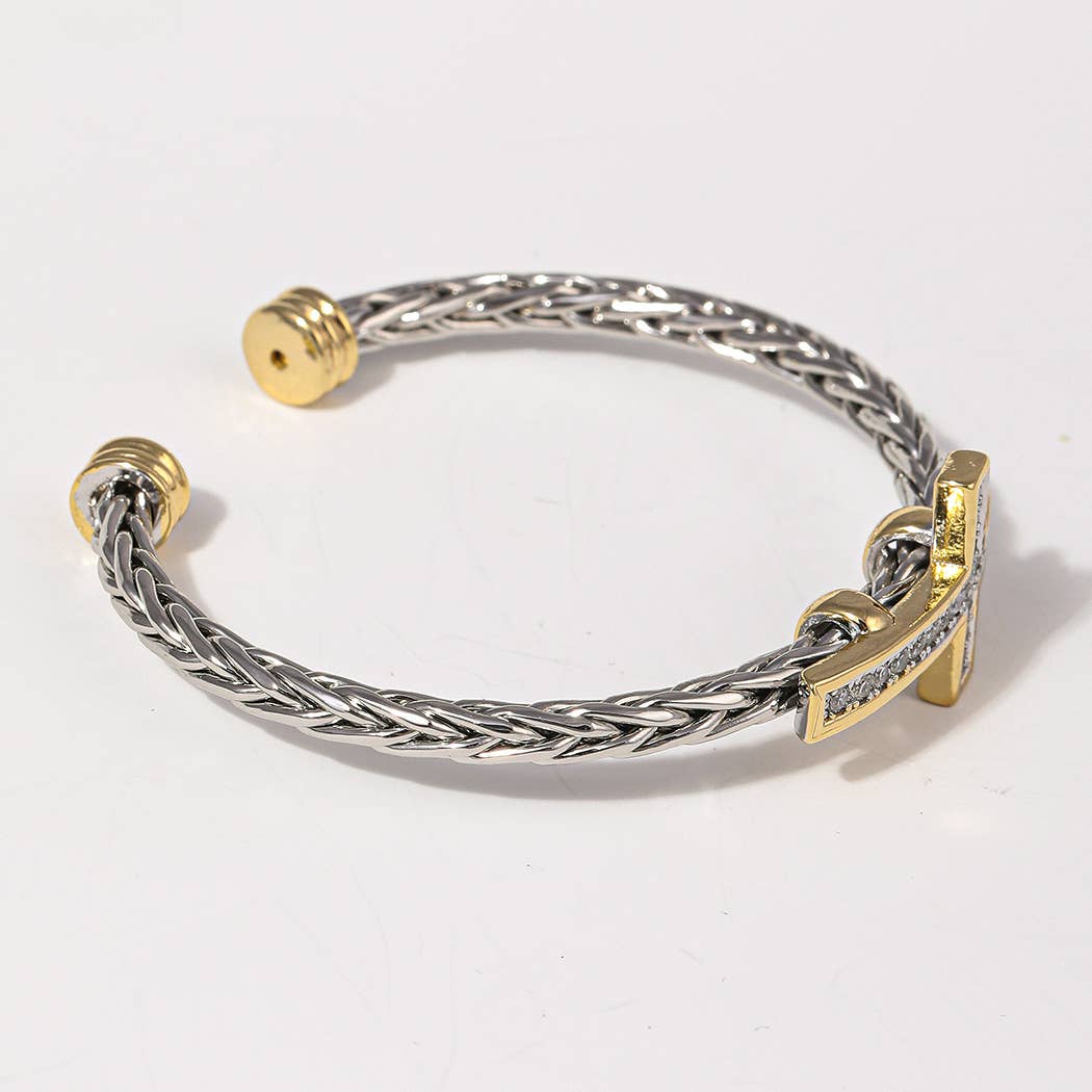 Cross Design Two-Tone Braided Bangle Bracelet