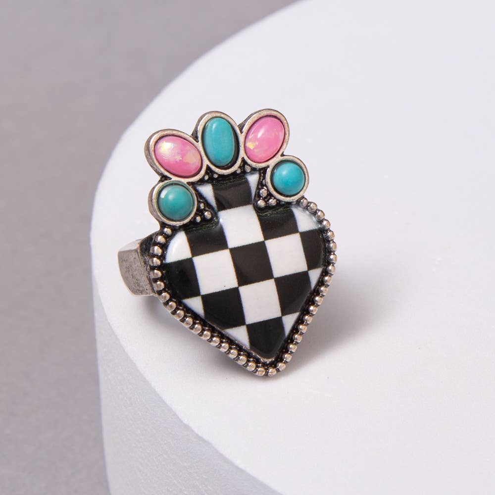 Western Turquoise Embellished Checker Flag Heart Ring