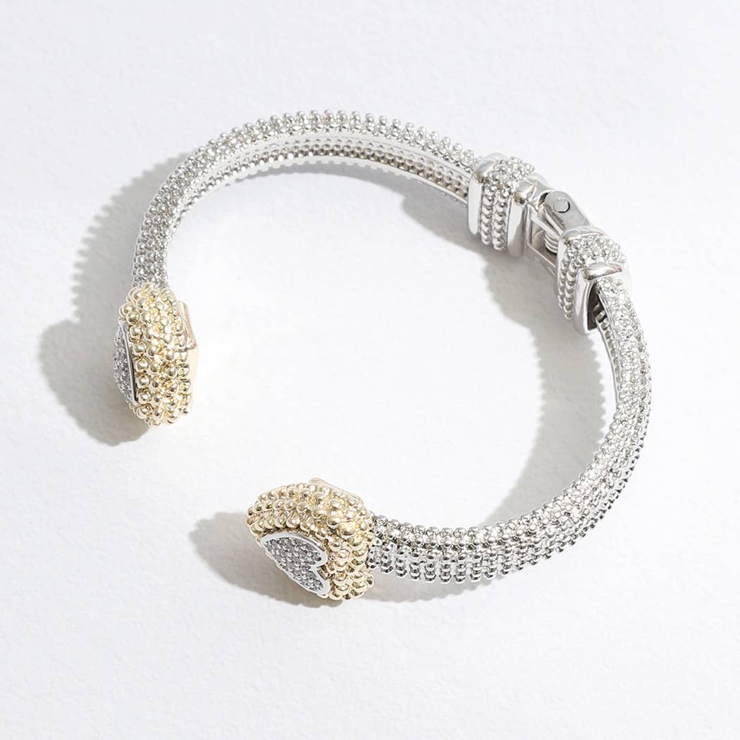Stylish Textured Cuff/Bangle Two Tone Pave Heart Edge Bracelet