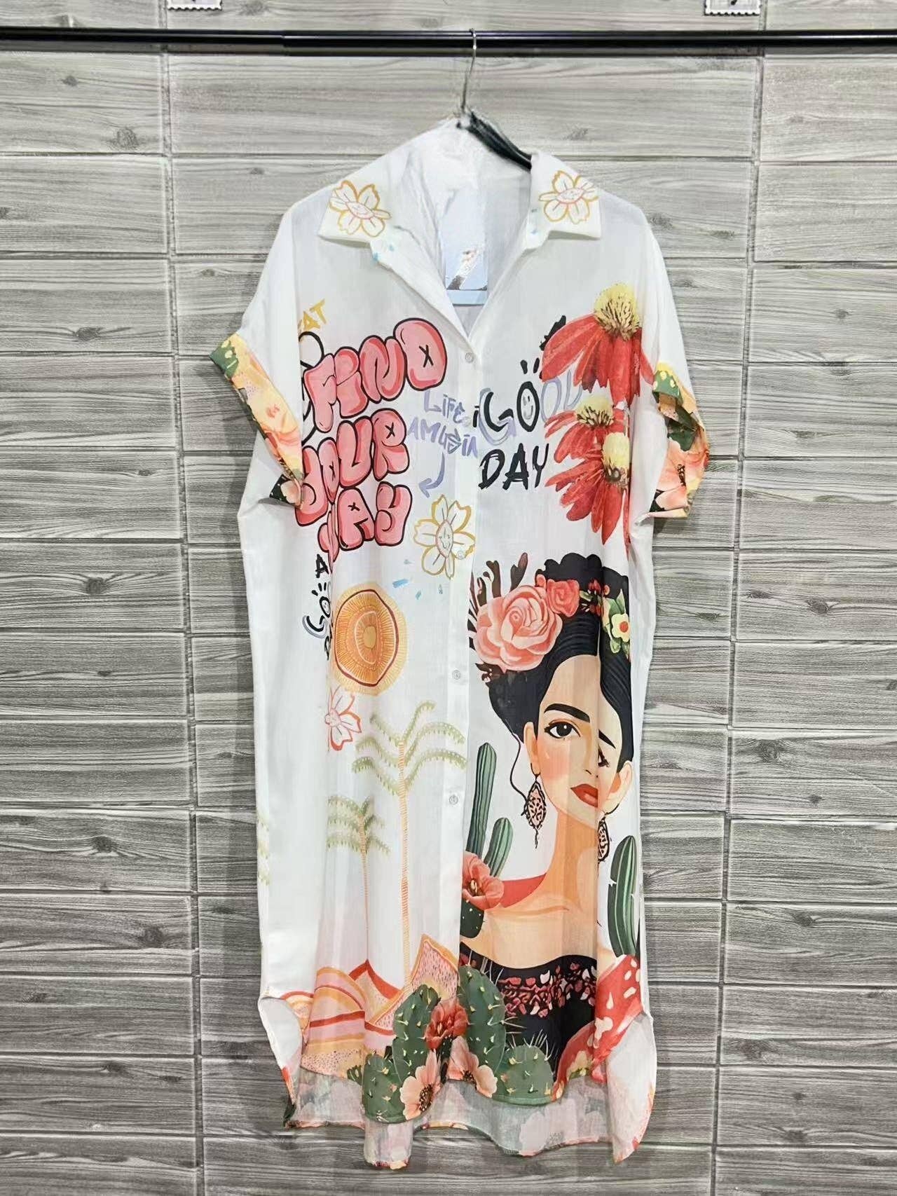 Tropical Paradise meets Frida- Italian Long Printed Shirt-Dress