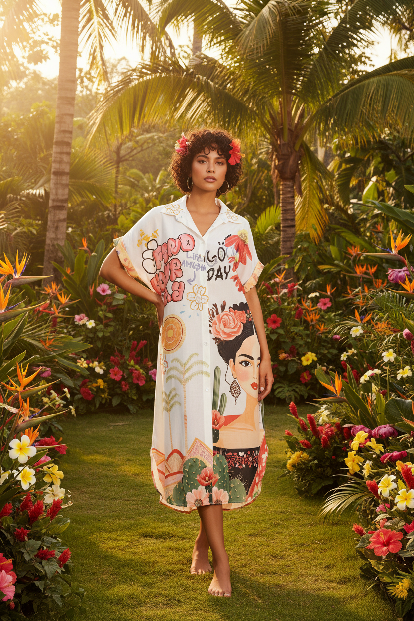 Tropical Paradise meets Frida- Italian Long Printed Shirt-Dress