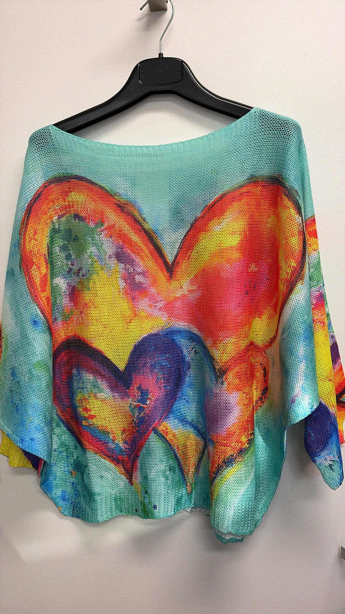 Turquoise with Colorful Hearts, Knit Printed, Italian Top