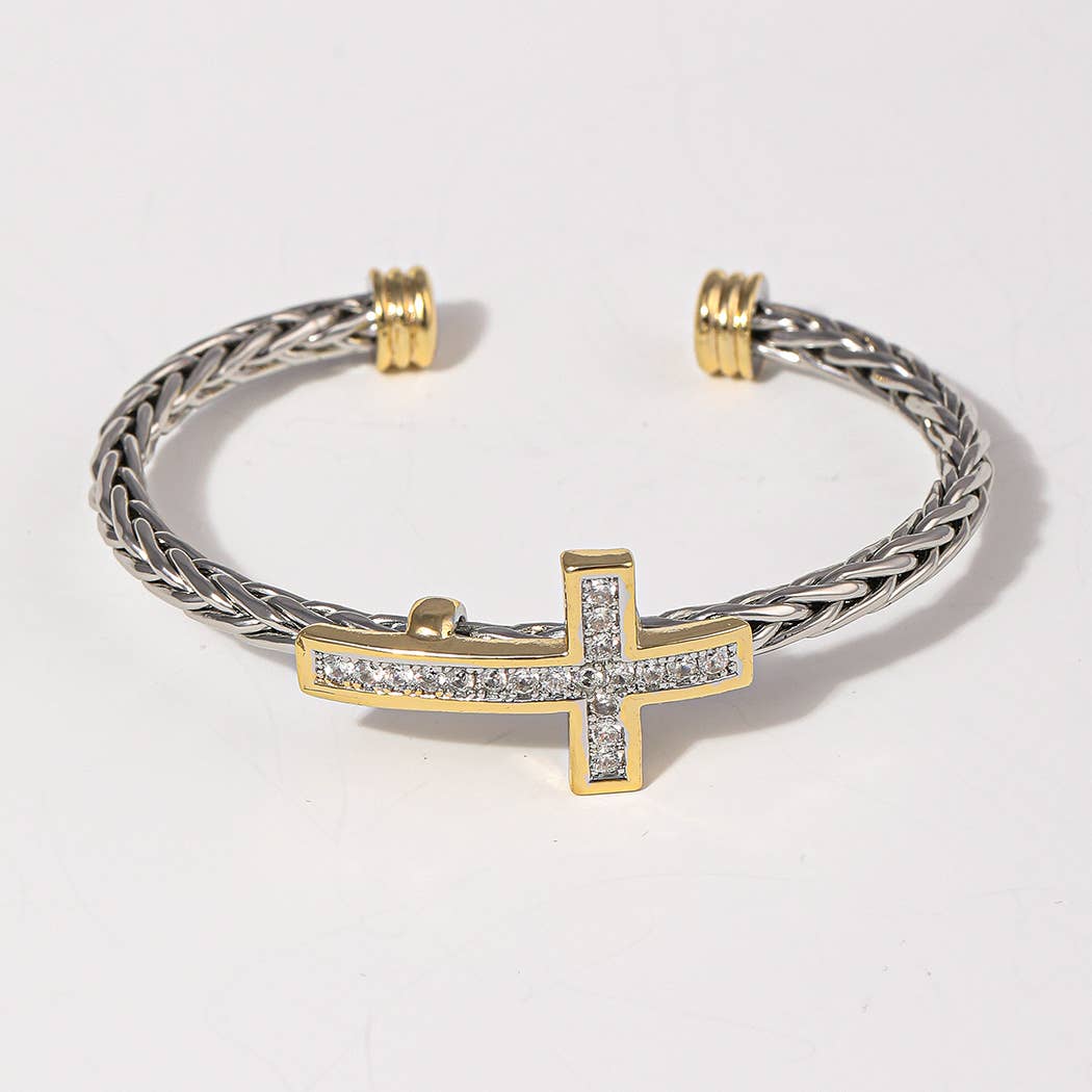 Cross Design Two-Tone Braided Bangle Bracelet