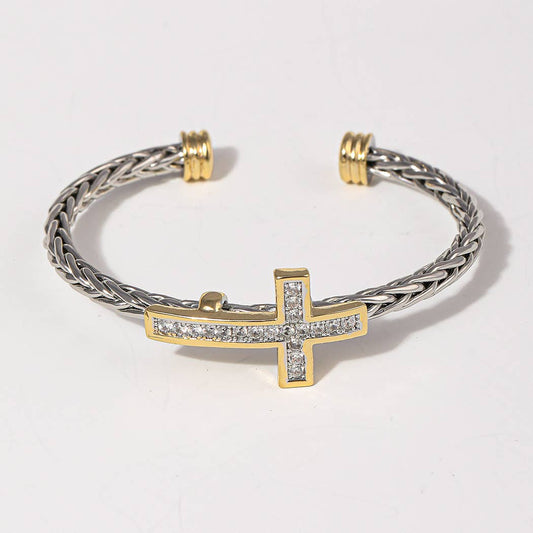 Cross Design Two-Tone Braided Bangle Bracelet