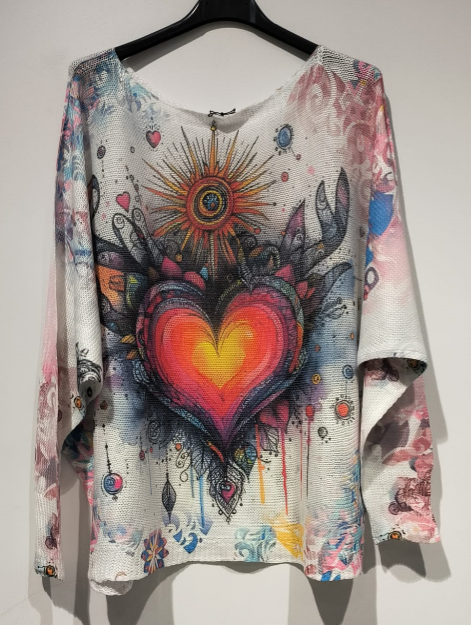 Red Heart Round Neck Knit Printed Italian Sweater