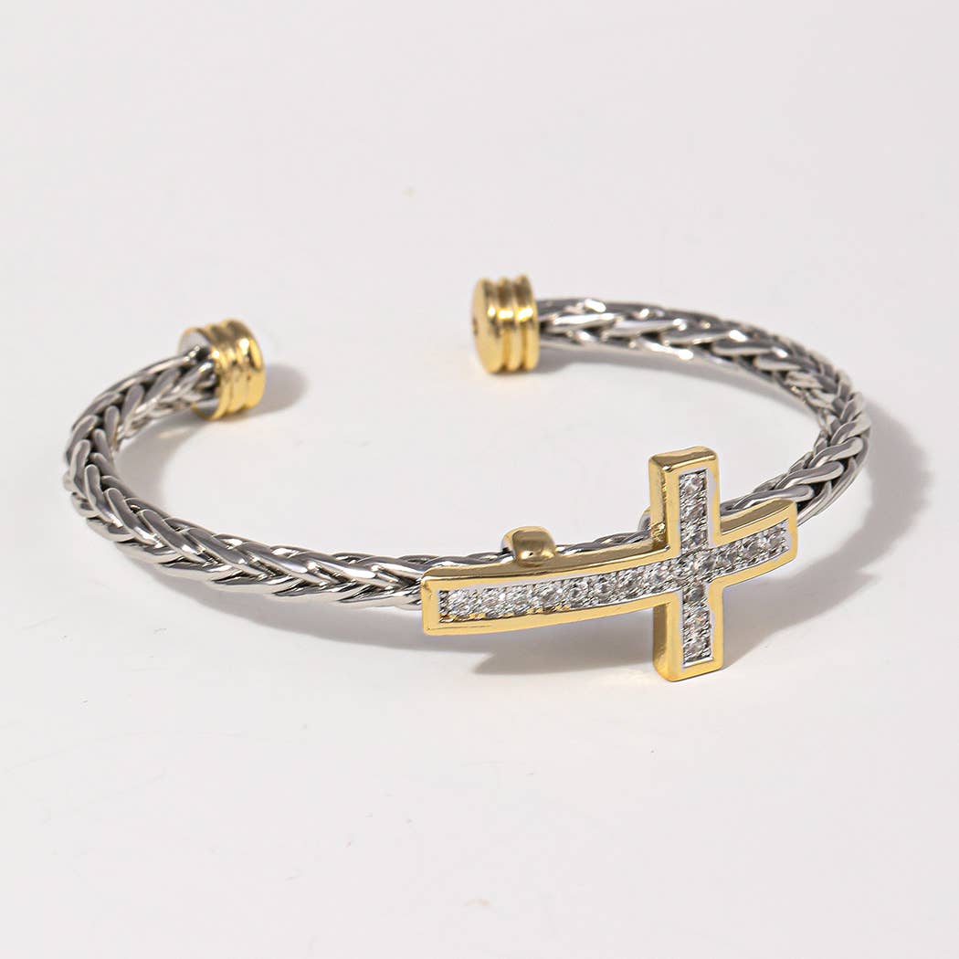 Cross Design Two-Tone Braided Bangle Bracelet