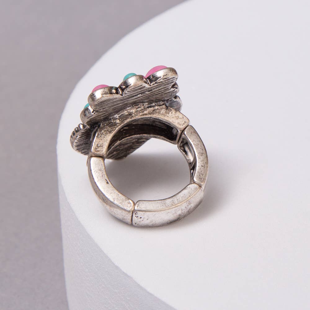 Western Turquoise Embellished Checker Flag Heart Ring