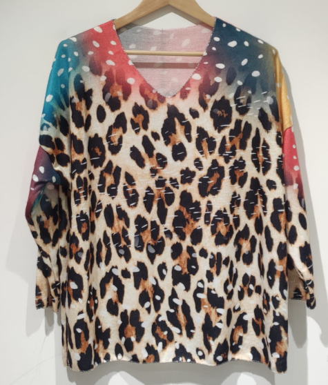 Cozy Colorful Leopard, Knit Printed, Italian Top