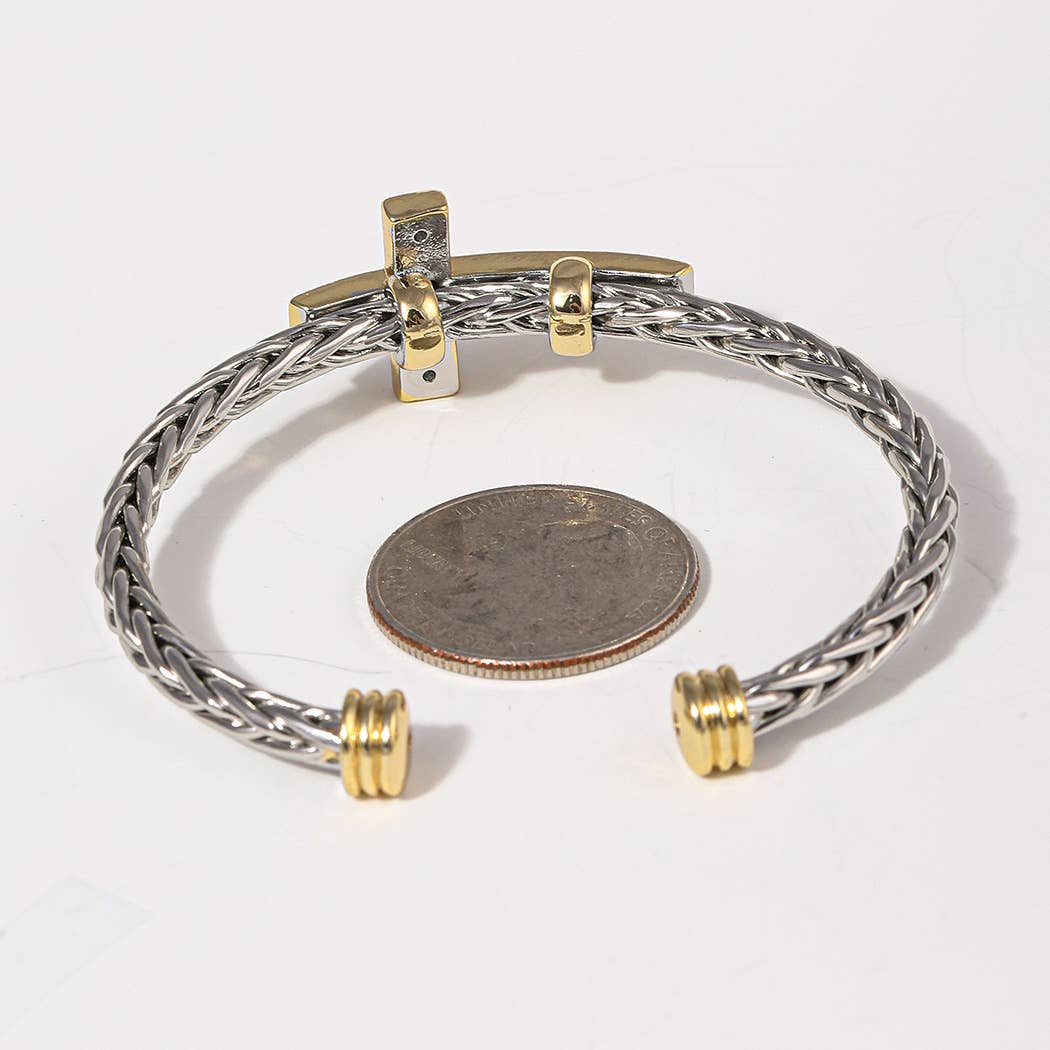 Cross Design Two-Tone Braided Bangle Bracelet