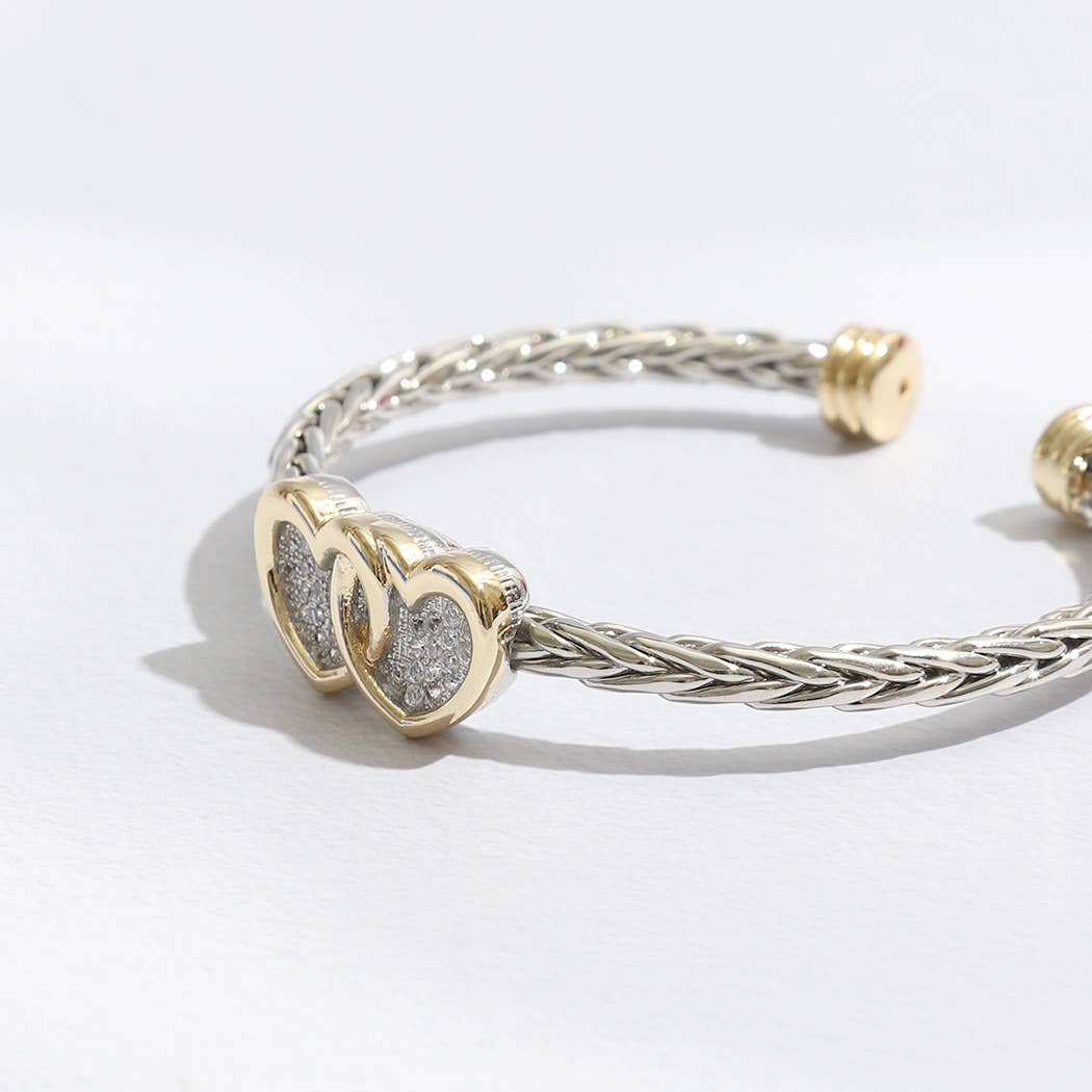 Two Hearts Pave Braided two-tone Bangle/cuff Bracelet