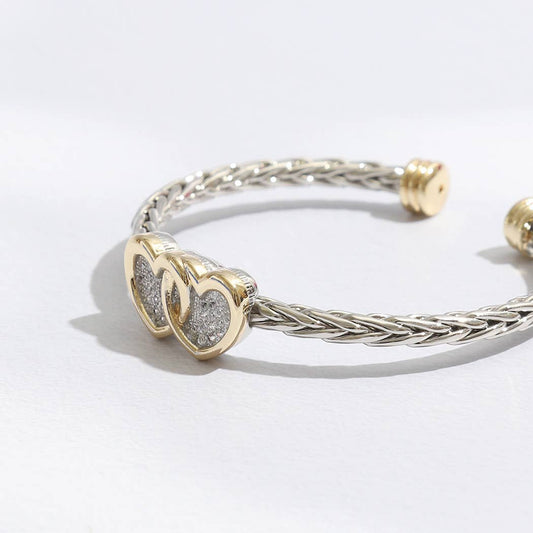 Two Hearts Pave Braided two-tone Bangle/cuff Bracelet