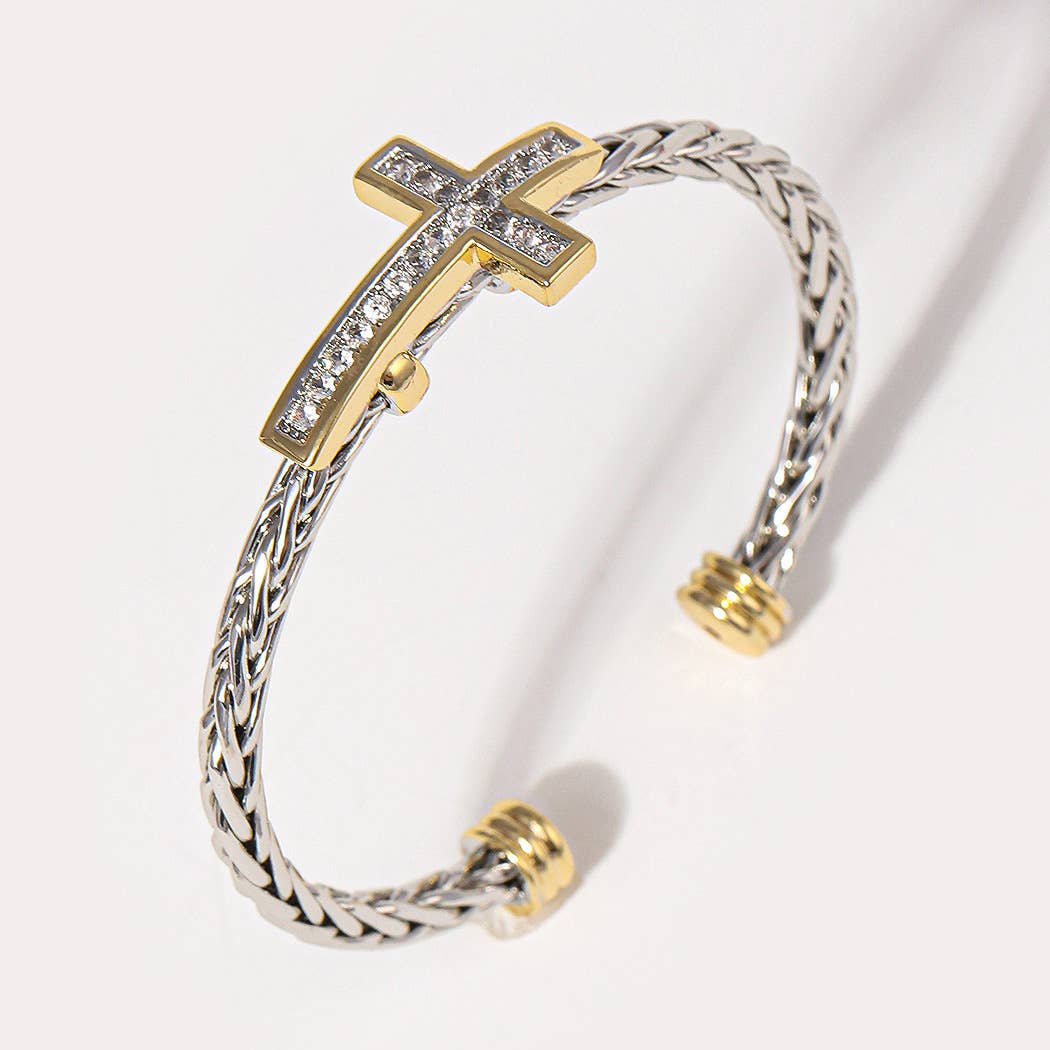 Cross Design Two-Tone Braided Bangle Bracelet