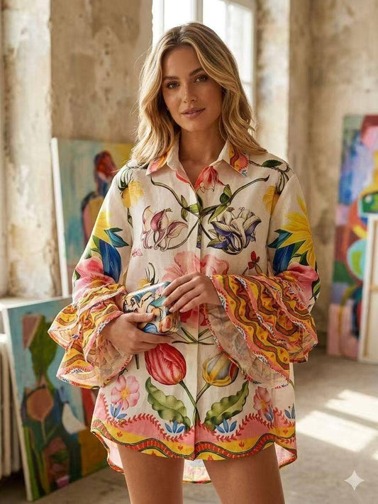 “Tulips and Charm” with Ruffle Sleeves Italian Blouse