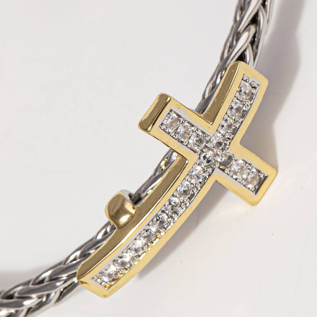 Cross Design Two-Tone Braided Bangle Bracelet