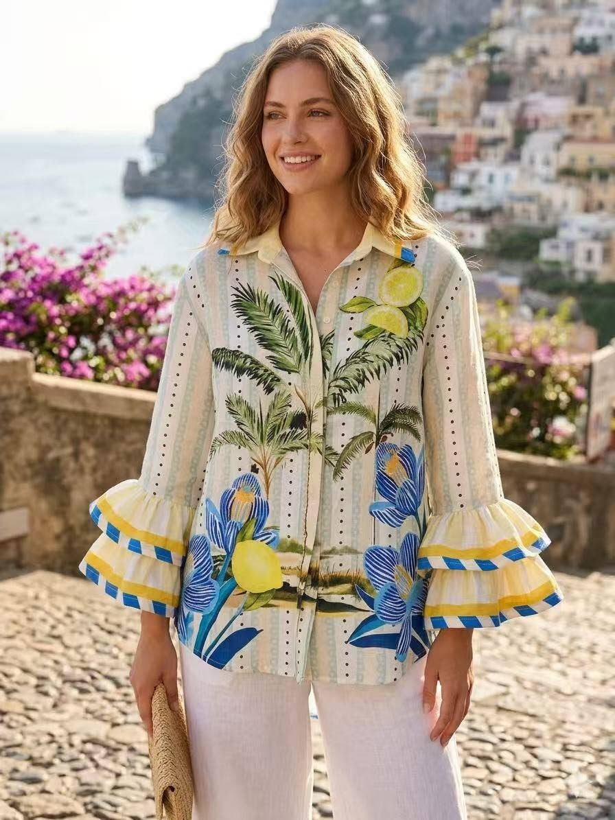 “Palms and Lemons” Ruffle Sleeves Italian Blouse