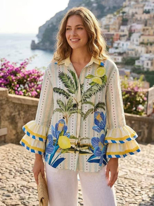 “Palms and Lemons” Ruffle Sleeves Italian Blouse