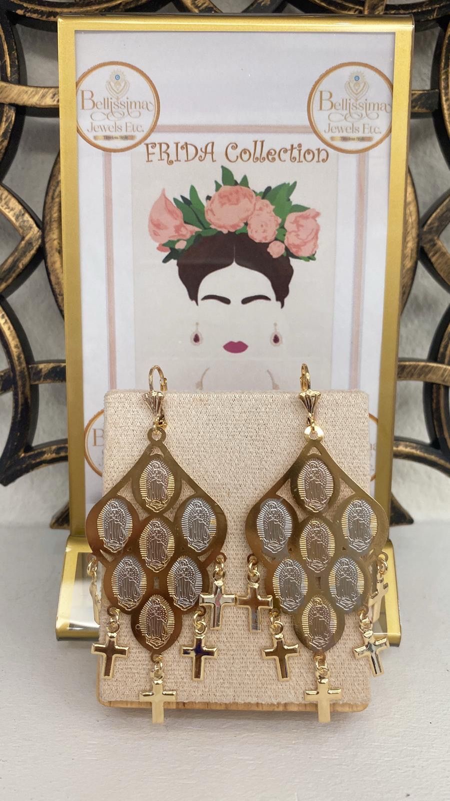 Laminated Gold Artisan Cross Earrings Virgen de Guadalupe (14K)